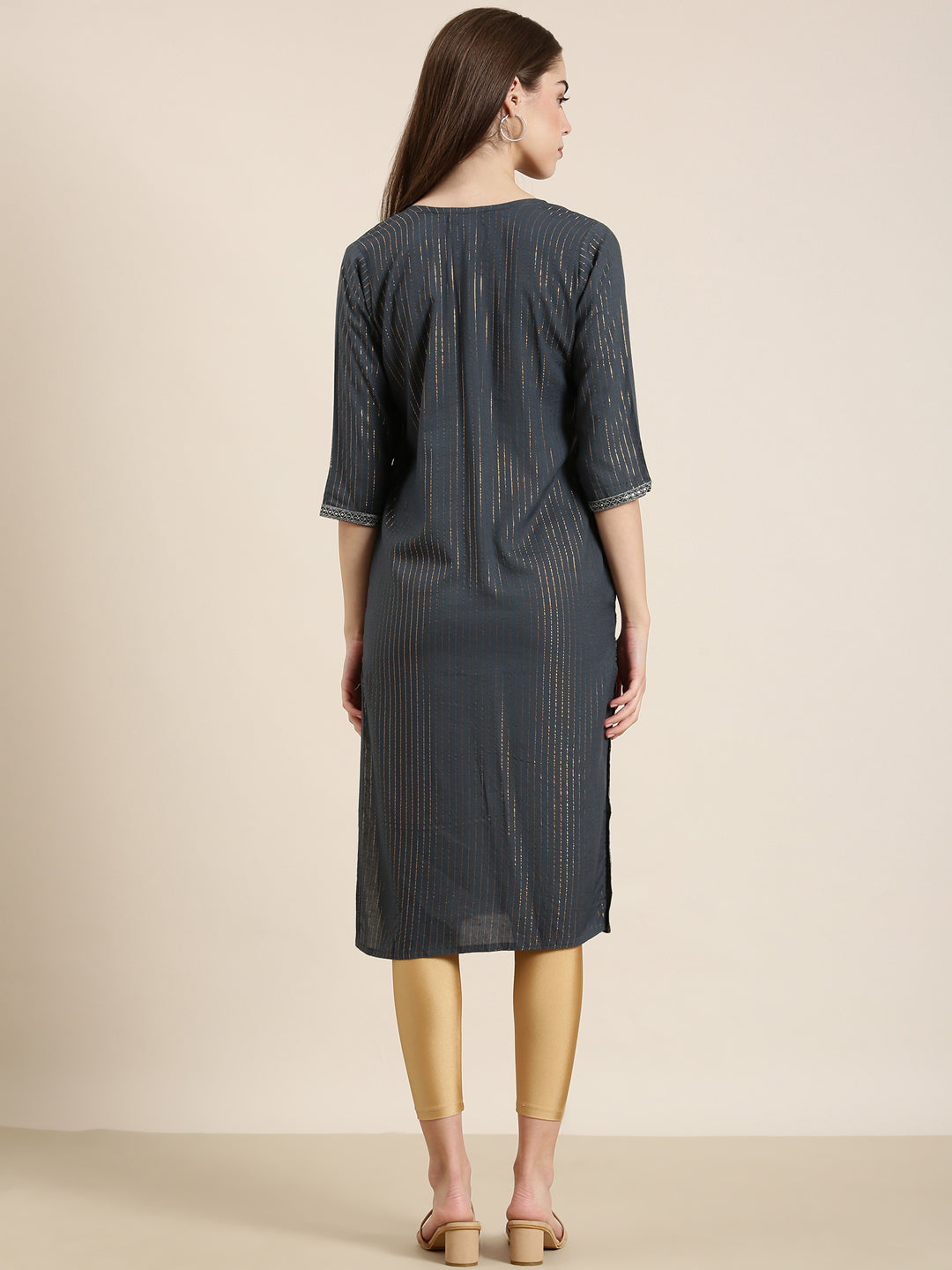 Women's Teal Striped Tie Up Neck Sequinned Straight Kurta