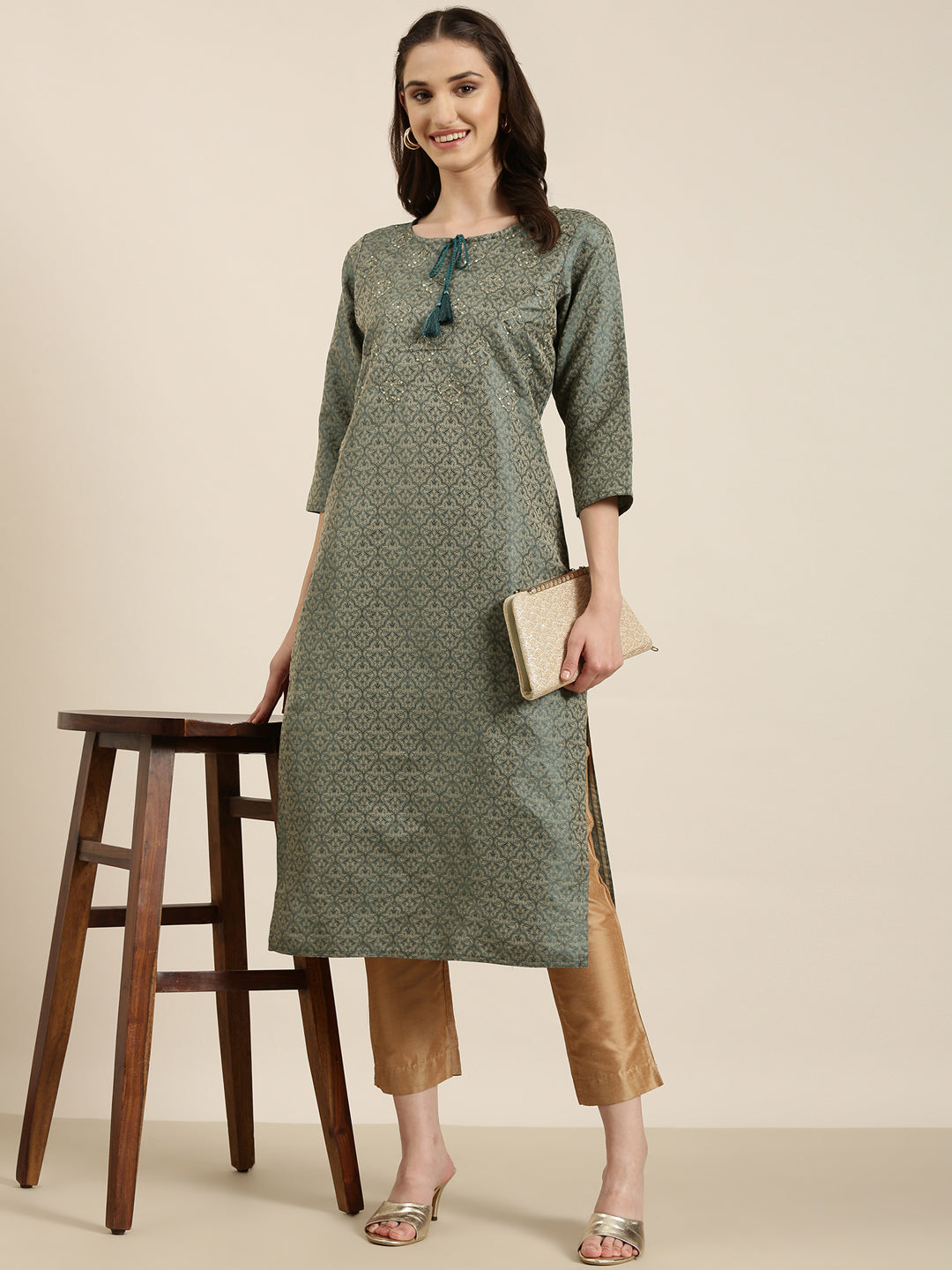 Women's Teal Floral Printed Tie-Up Neck Thread Work Straight Kurta