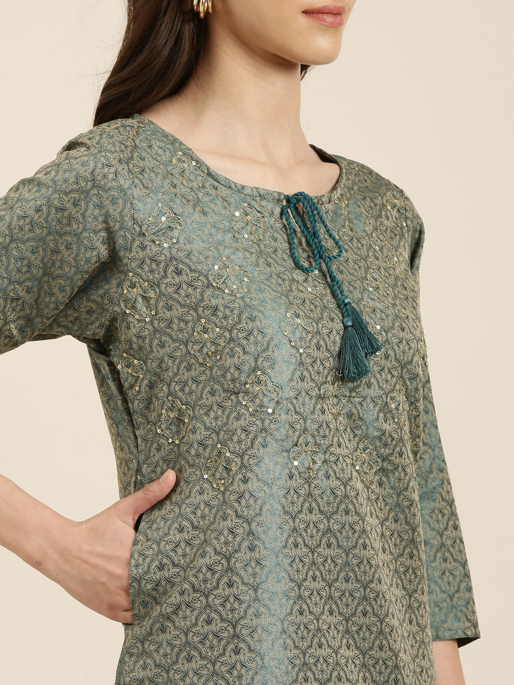 Women's Teal Floral Printed Tie-Up Neck Thread Work Straight Kurta