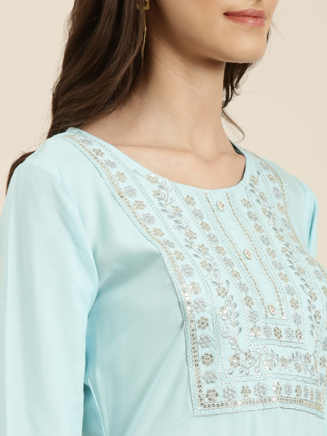Women's Blue Floral Yoke Design Sequinned Kurta