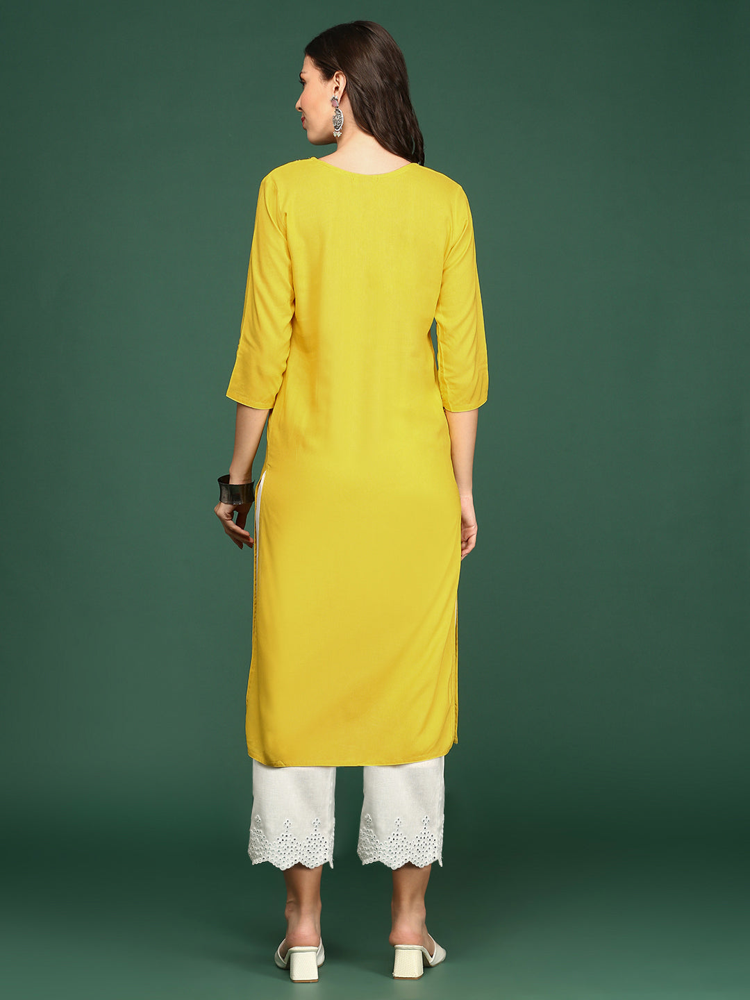 Women's Yellow Paisley Embroidered Thread Work Straight Kurta