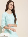Women's Blue Ethnic Motifs Sequinned Pure Cotton Straight Kurta