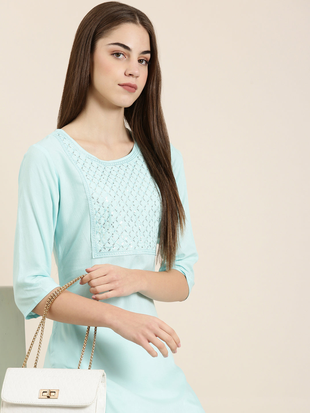 Women's Blue Ethnic Motifs Sequinned Pure Cotton Straight Kurta