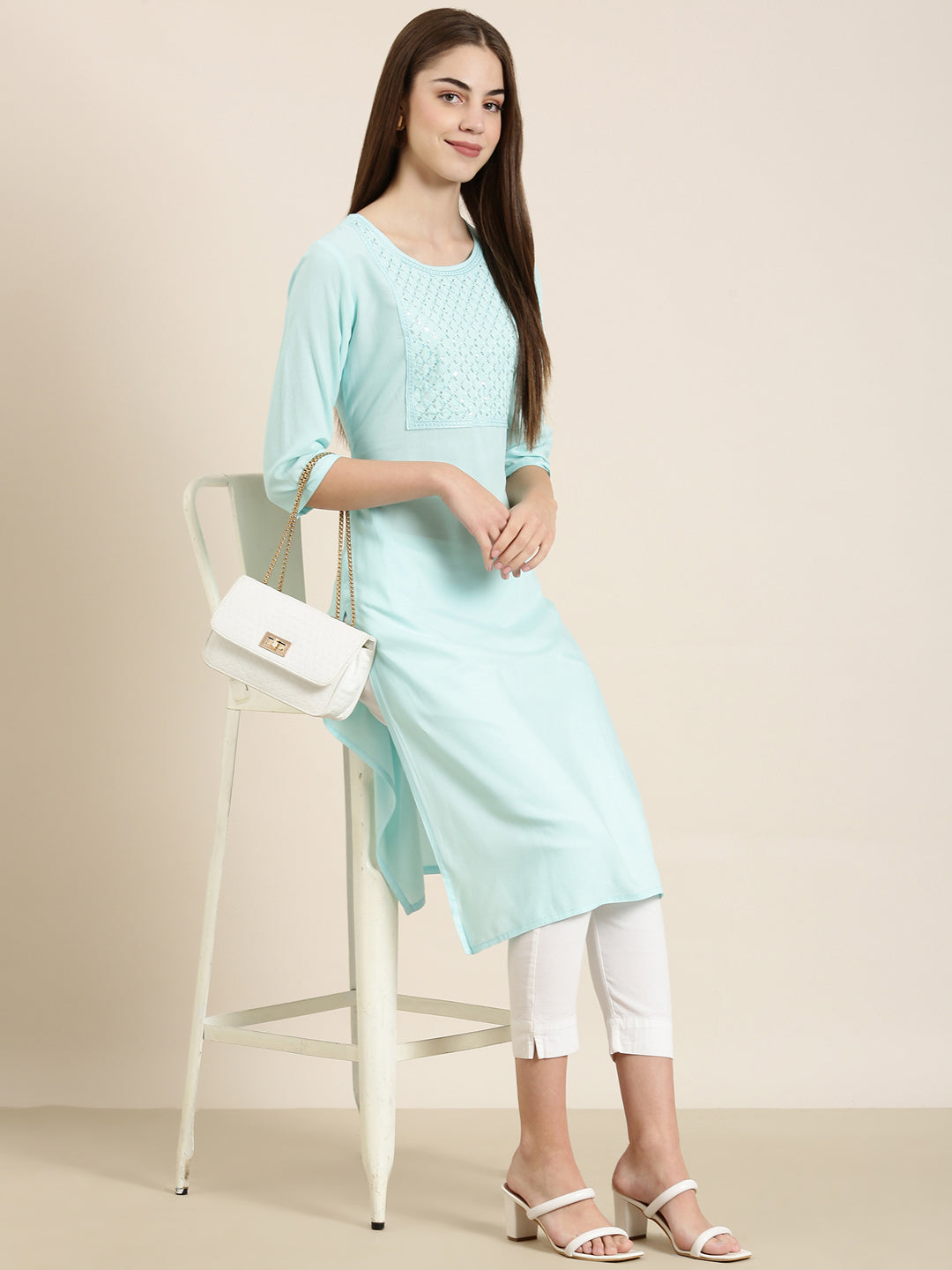 Women's Blue Ethnic Motifs Sequinned Pure Cotton Straight Kurta