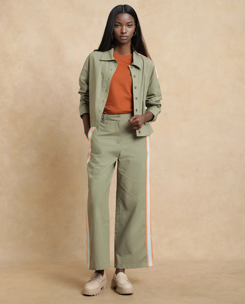 Rareism Women's Nocam B Dusky Green Cotton Plain Ankle Length Wide Trouser