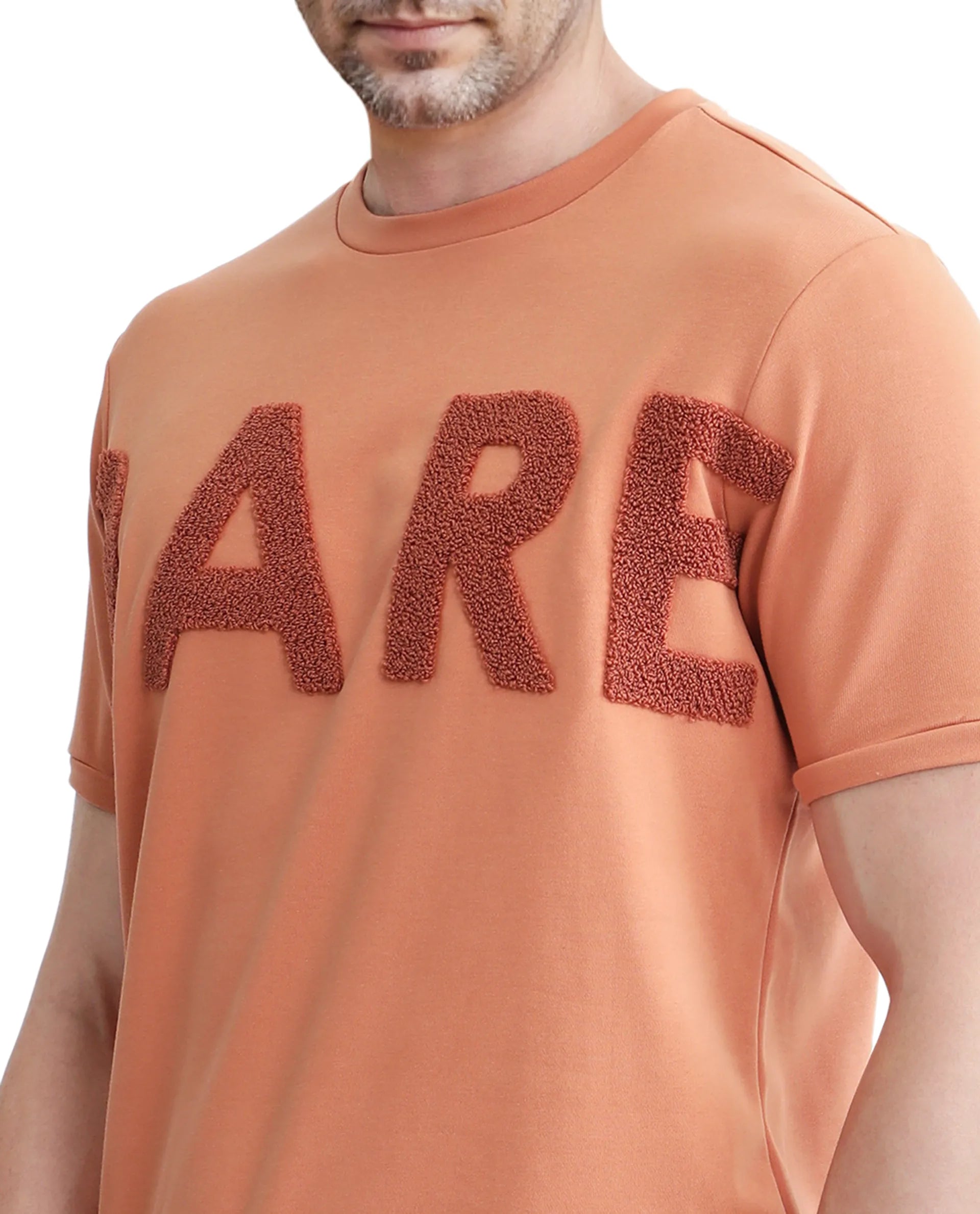 Rare Rabbit Men's Nor-3 Dusky Orange Cotton Blend Embroidered Oversized Fit Half Sleeve Crew Neck T-Shirt