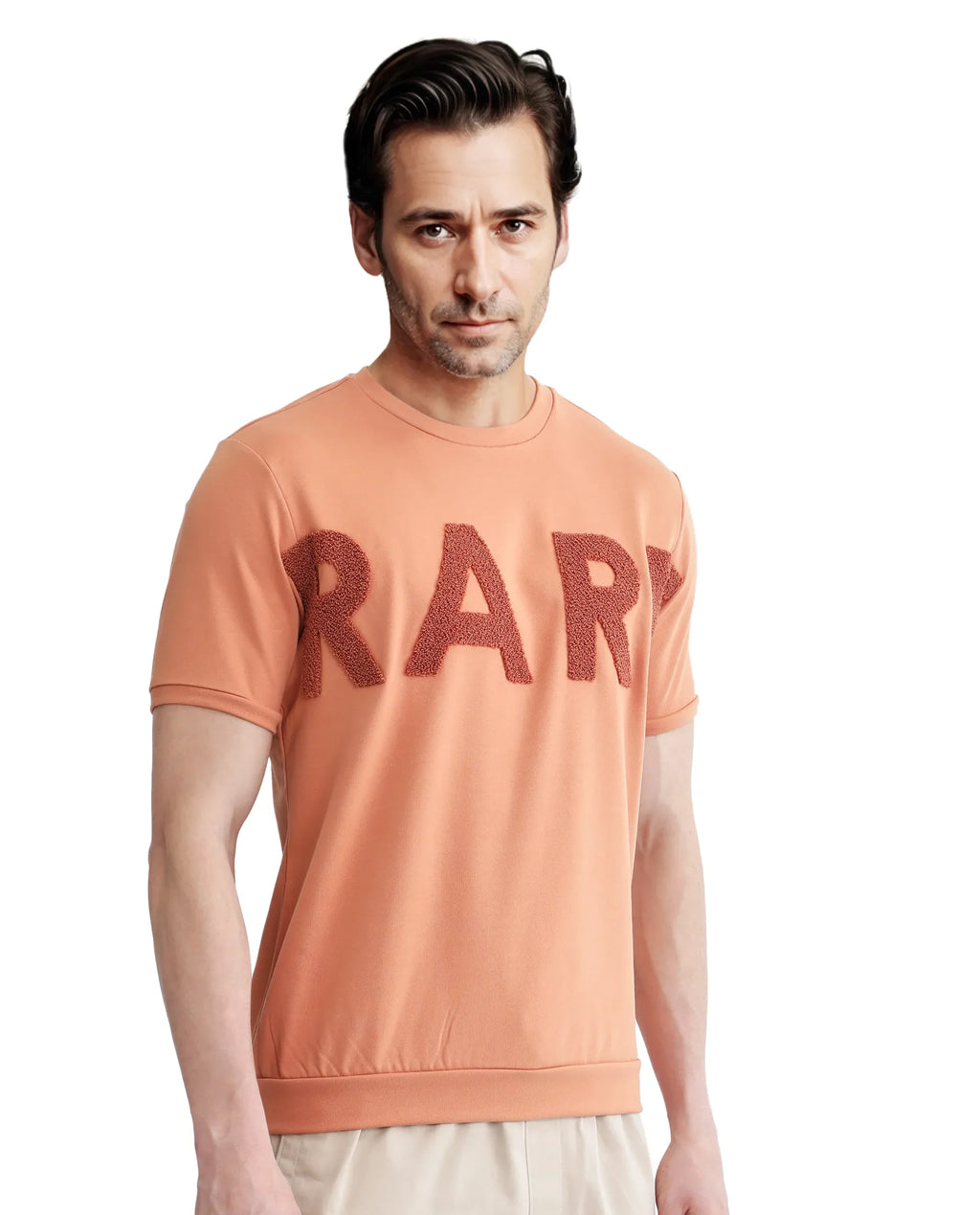 Rare Rabbit Men's Nor-3 Dusky Orange Cotton Blend Embroidered Oversized Fit Half Sleeve Crew Neck T-Shirt