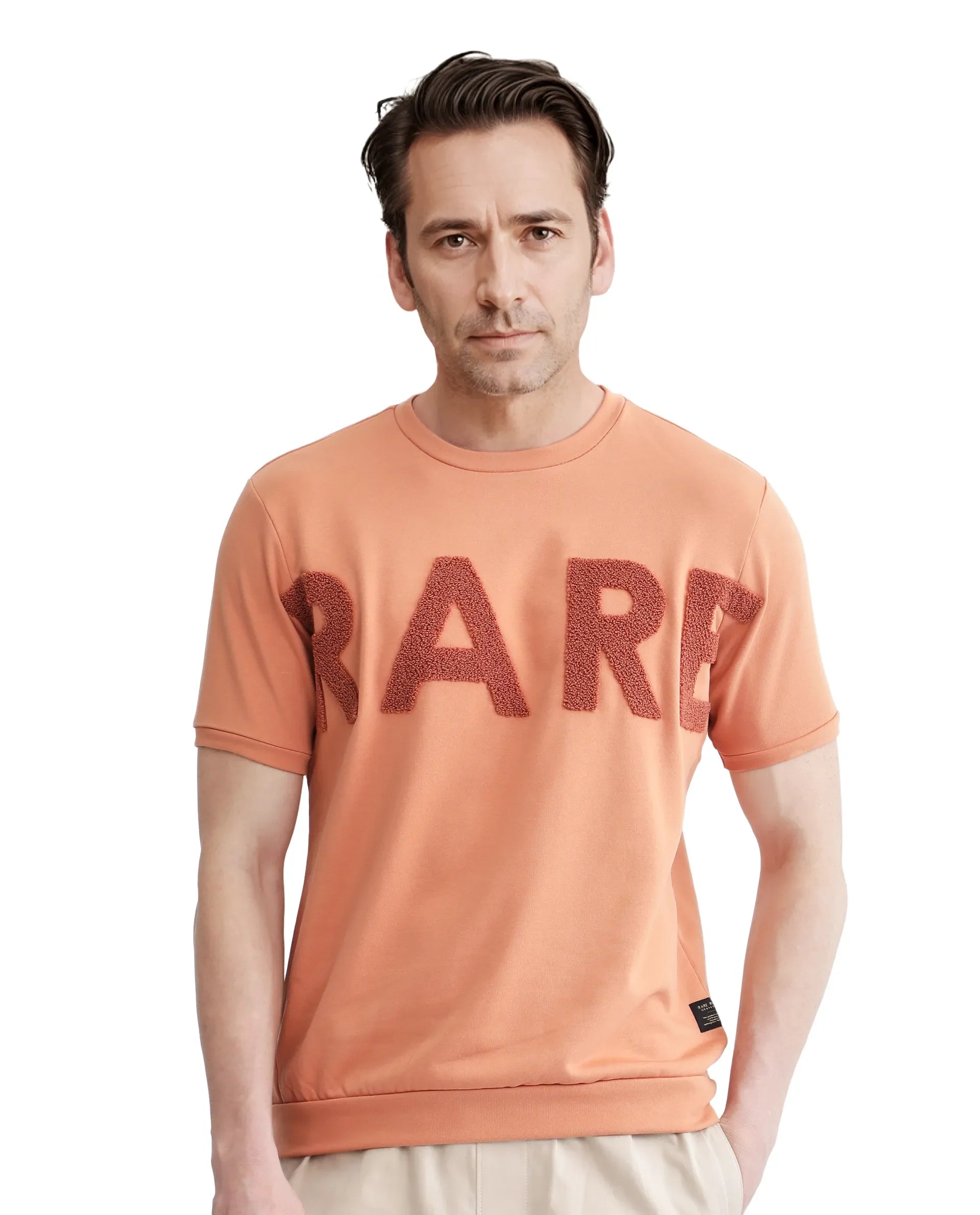 Rare Rabbit Men's Nor-3 Dusky Orange Cotton Blend Embroidered Oversized Fit Half Sleeve Crew Neck T-Shirt