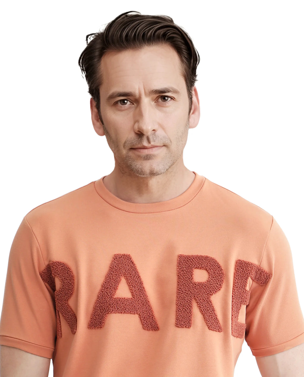 Rare Rabbit Men's Nor-3 Dusky Orange Cotton Blend Embroidered Oversized Fit Half Sleeve Crew Neck T-Shirt