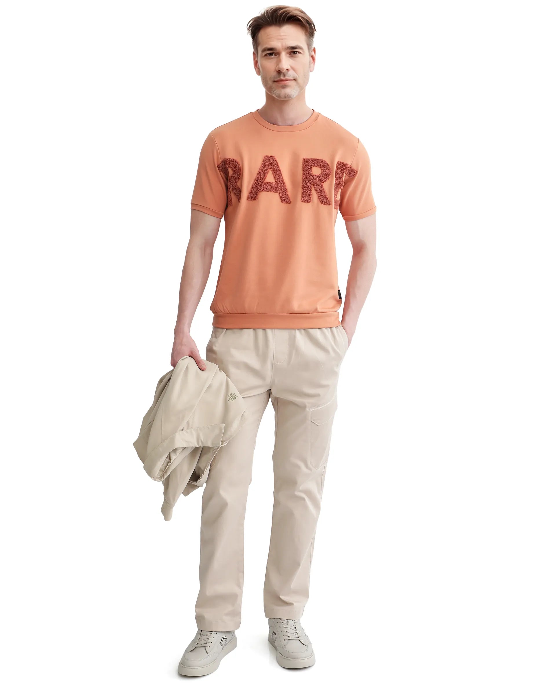Rare Rabbit Men's Nor-3 Dusky Orange Cotton Blend Embroidered Oversized Fit Half Sleeve Crew Neck T-Shirt