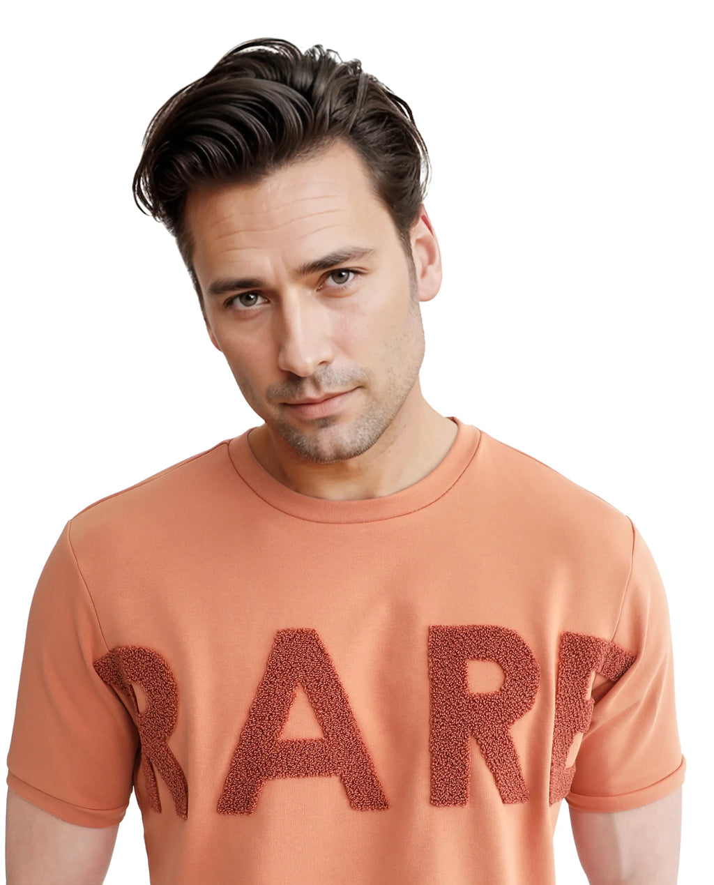 Rare Rabbit Men's Nor-3 Dusky Orange Cotton Blend Embroidered Oversized Fit Half Sleeve Crew Neck T-Shirt