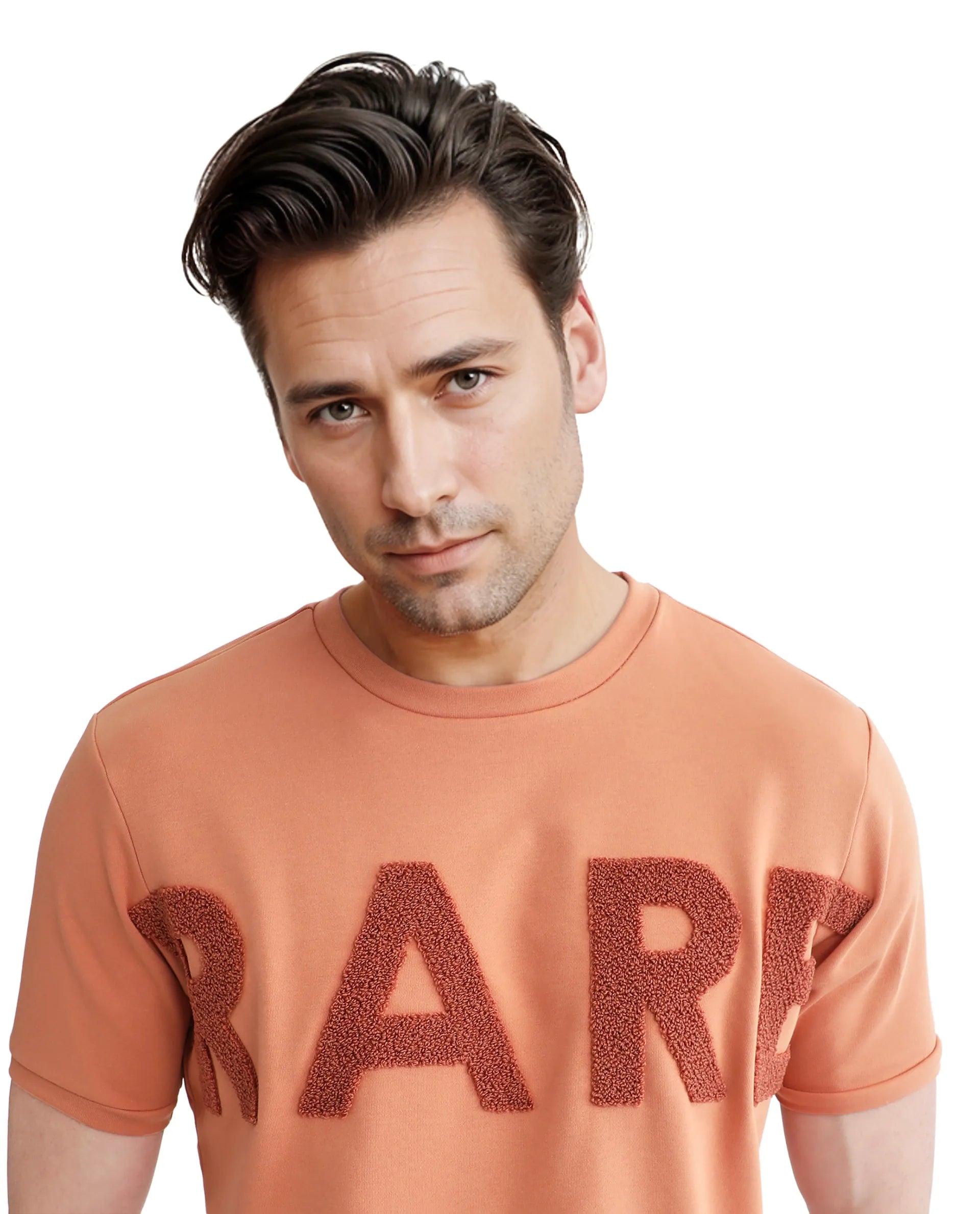 Rare Rabbit Men's Nor-3 Dusky Orange Cotton Blend Embroidered Oversized Fit Half Sleeve Crew Neck T-Shirt
