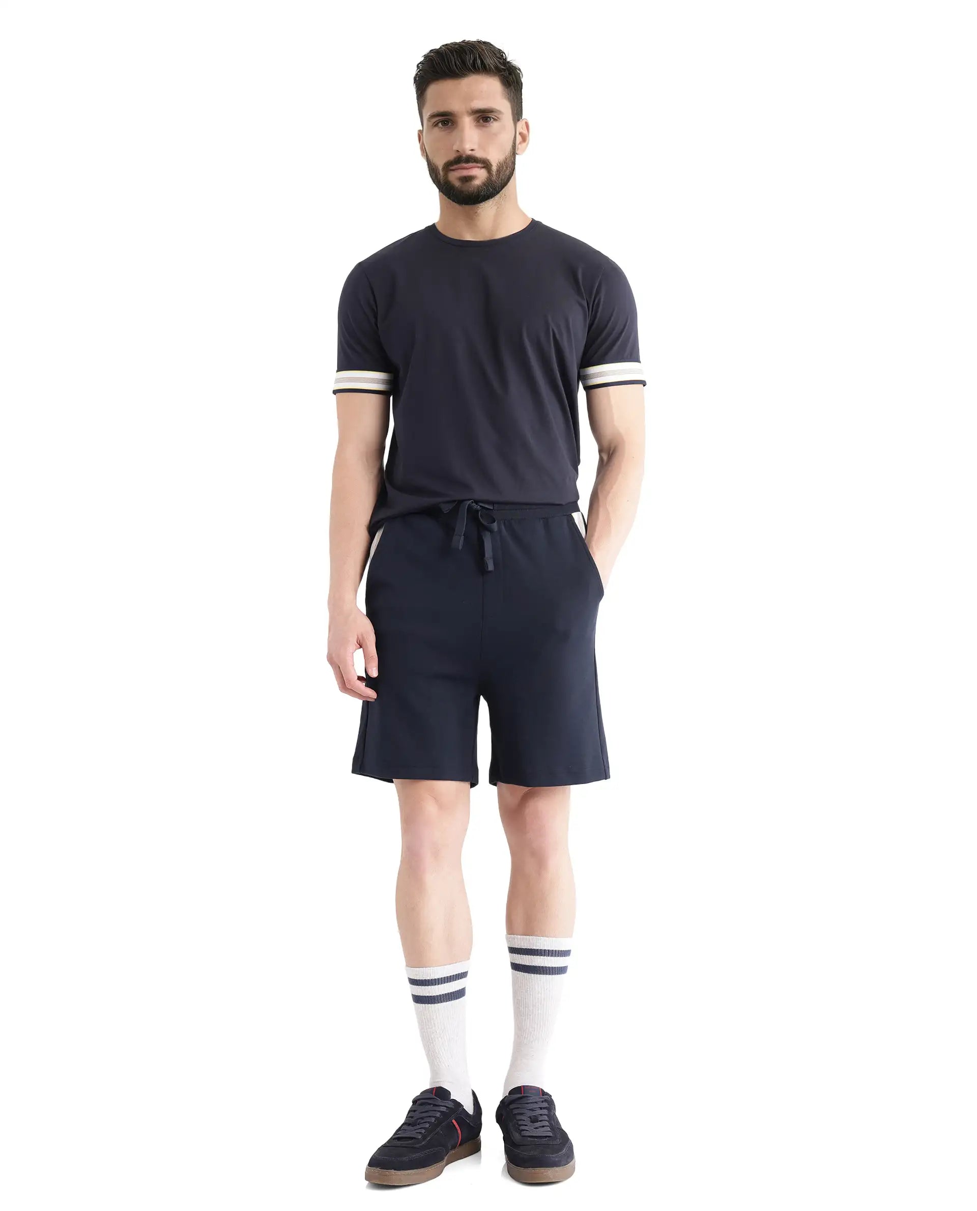 Rare Rabbit Men's Obl Navy Cotton Blend Plain Relaxed Fit Shorts