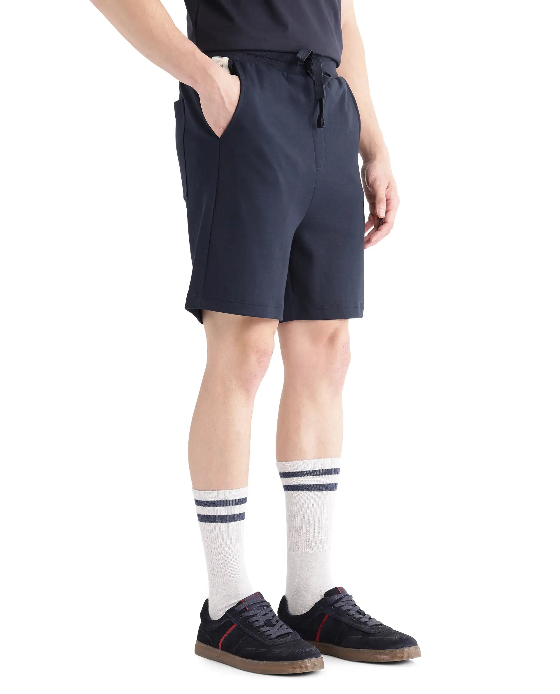Rare Rabbit Men's Obl Navy Cotton Blend Plain Relaxed Fit Shorts