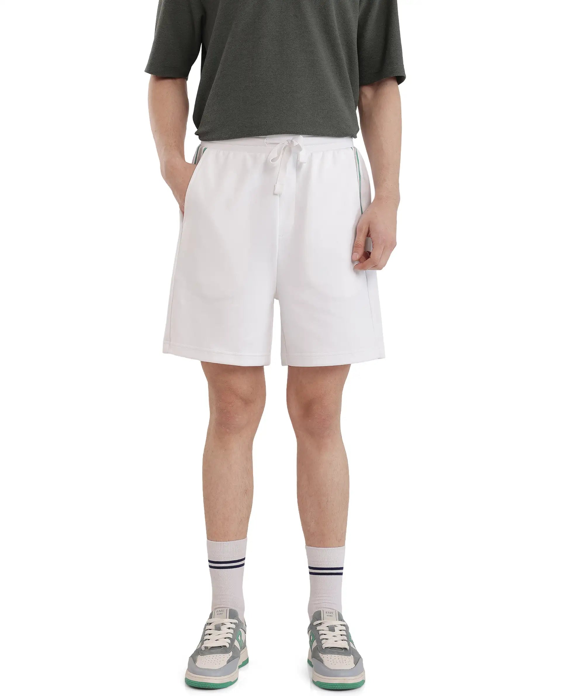 Rare Rabbit Men's Obl White Cotton Blend Plain Relaxed Fit Shorts