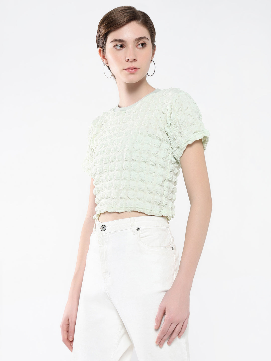 Women's Green Self Design Round Neck Acrylic Top