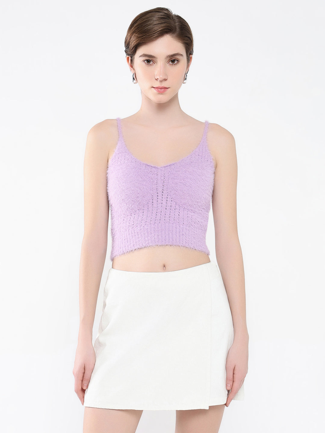 Women's Purple Self Design Shoulder Straps Acrylic Top