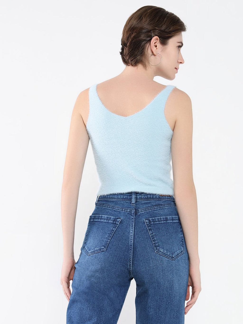 Women's Blue Self Design Scoop Neck Acrylic Top