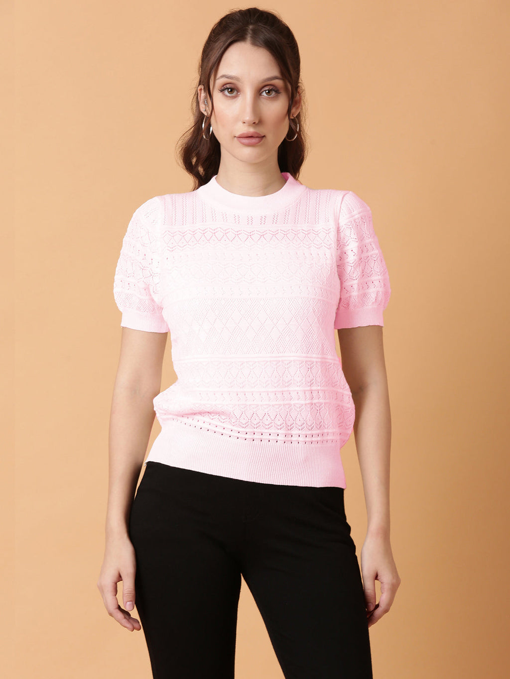 Women's Self Design Pink Round Neck Crochet Top