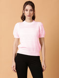 Women's Self Design Pink Round Neck Crochet Top