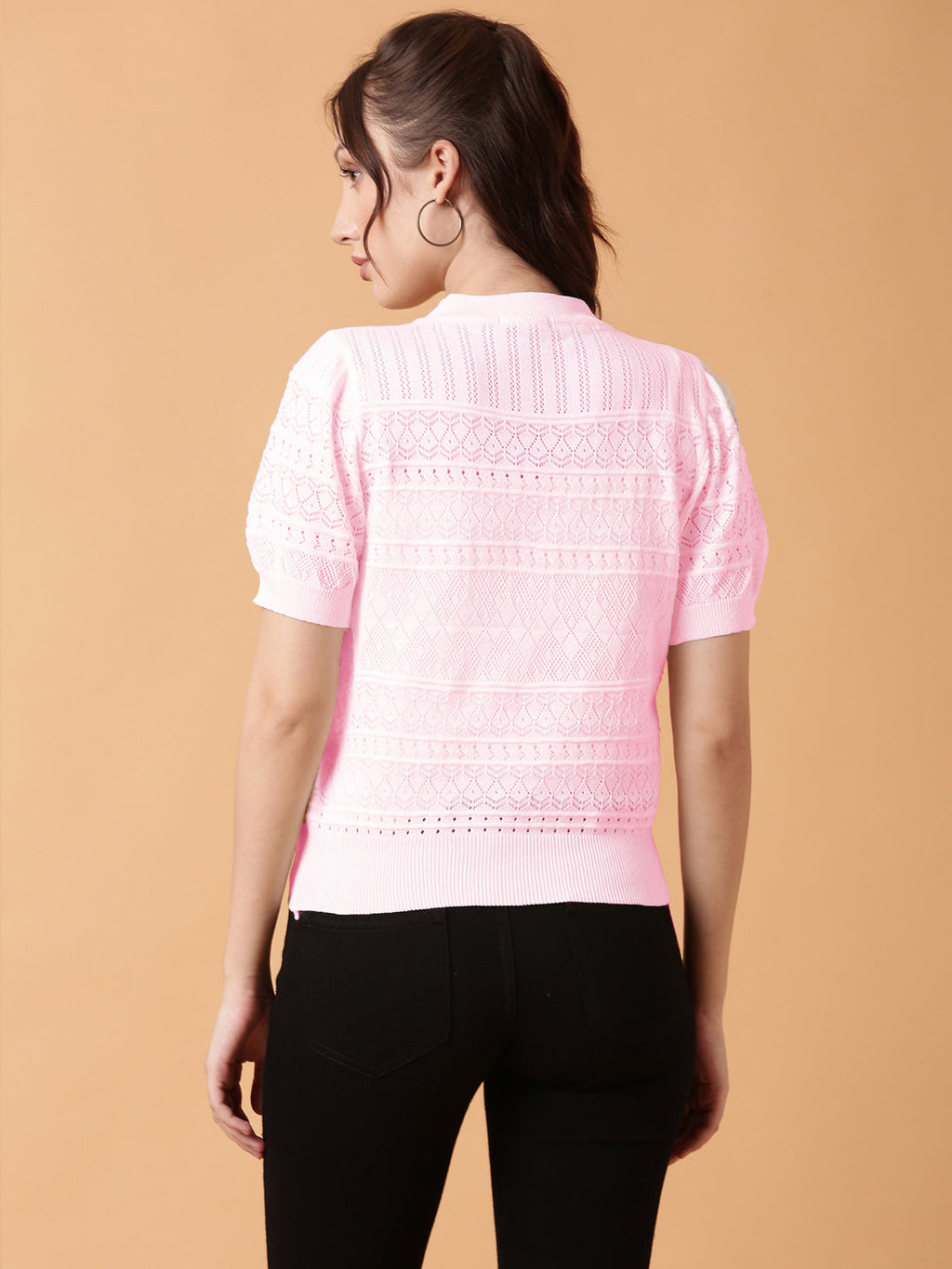 Women's Self Design Pink Round Neck Crochet Top
