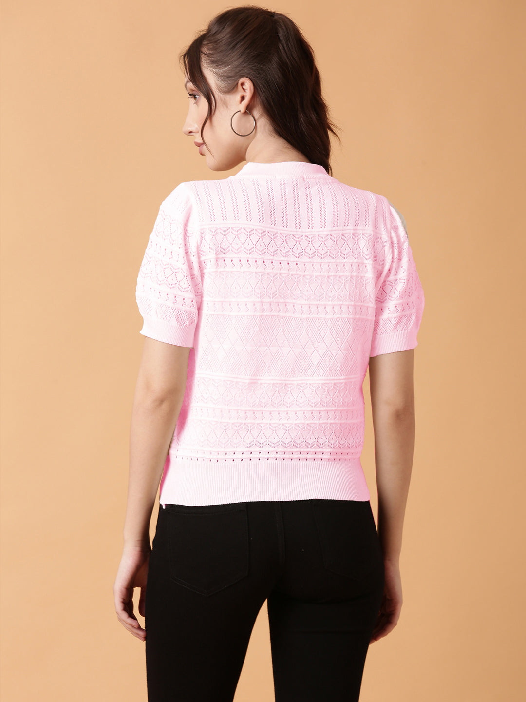 Women's Self Design Pink Round Neck Crochet Top
