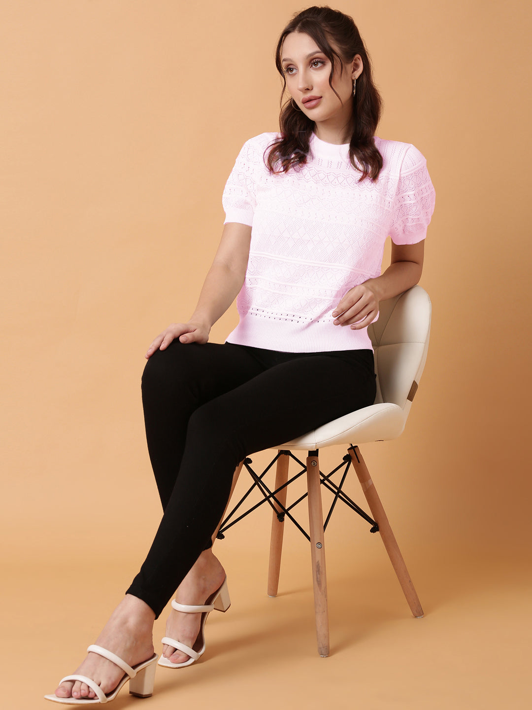Women's Self Design Pink Round Neck Crochet Top