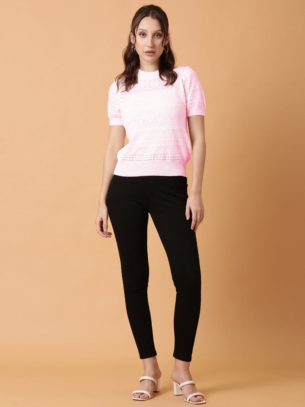 Women's Self Design Pink Round Neck Crochet Top