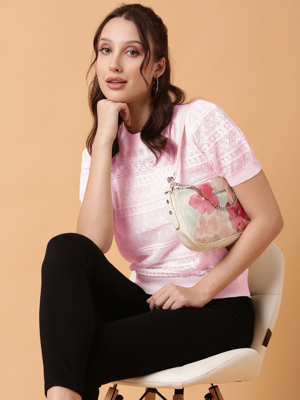 Women's Self Design Pink Round Neck Crochet Top