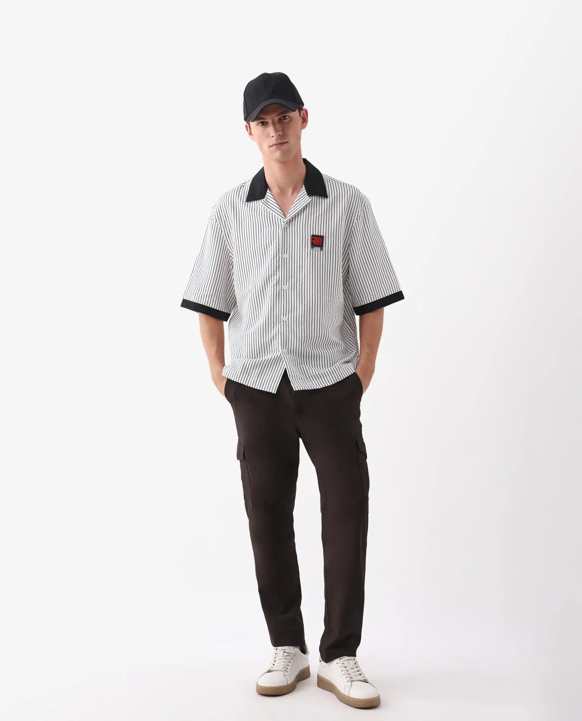 Rare Rabbit Men's Ollie White Viscose Blend Striped Print Boxy Fit Half Sleeve Cuban Collar Shirt