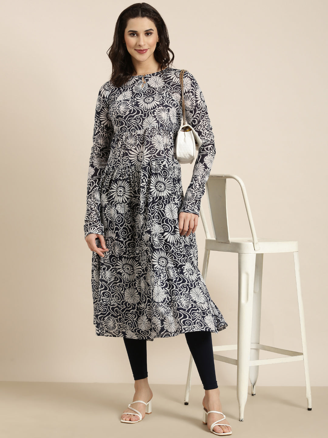 Women's Anarkali Navy Blue Floral Kurta