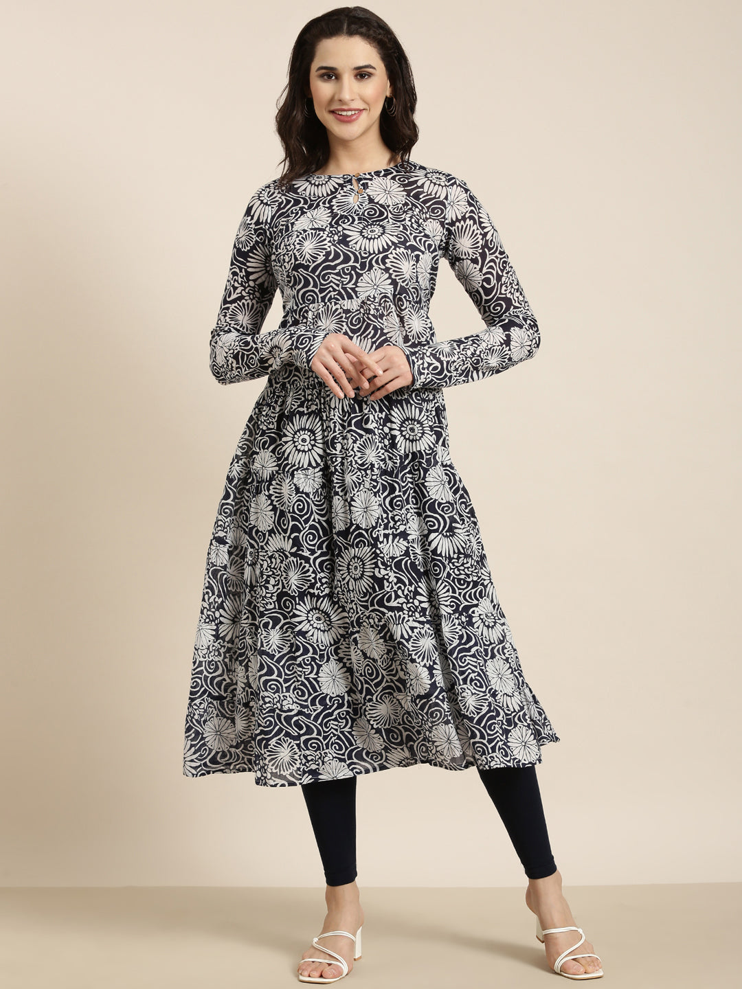 Women's Anarkali Navy Blue Floral Kurta