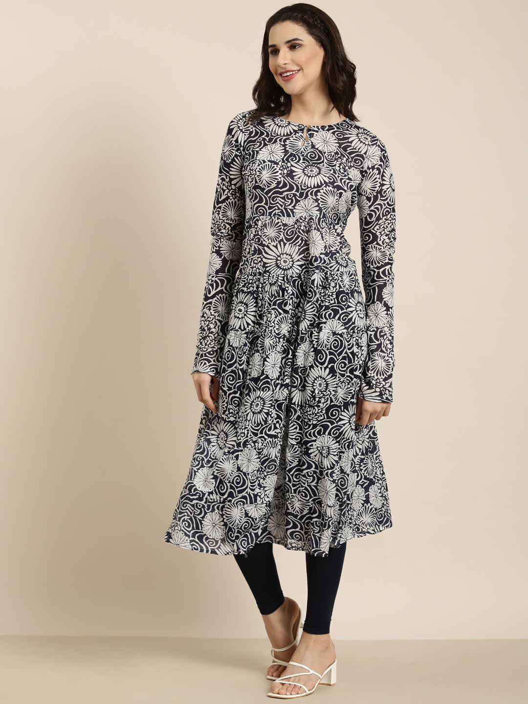 Women's Anarkali Navy Blue Floral Kurta
