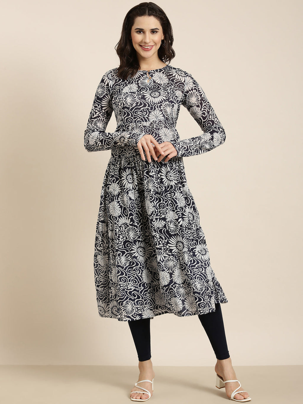 Women's Anarkali Navy Blue Floral Kurta