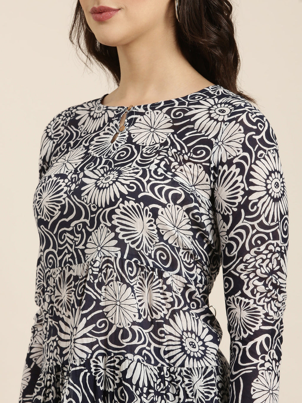 Women's Anarkali Navy Blue Floral Kurta