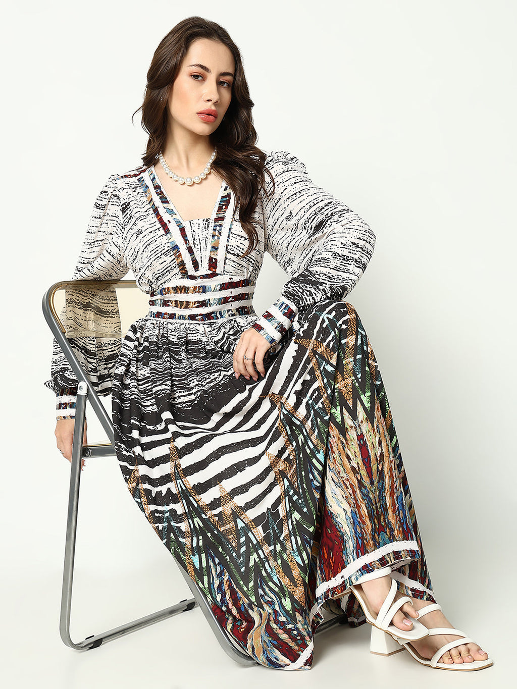 Women's Off White Abstract Printed V-Neck Georgette Fit and Flare Dress