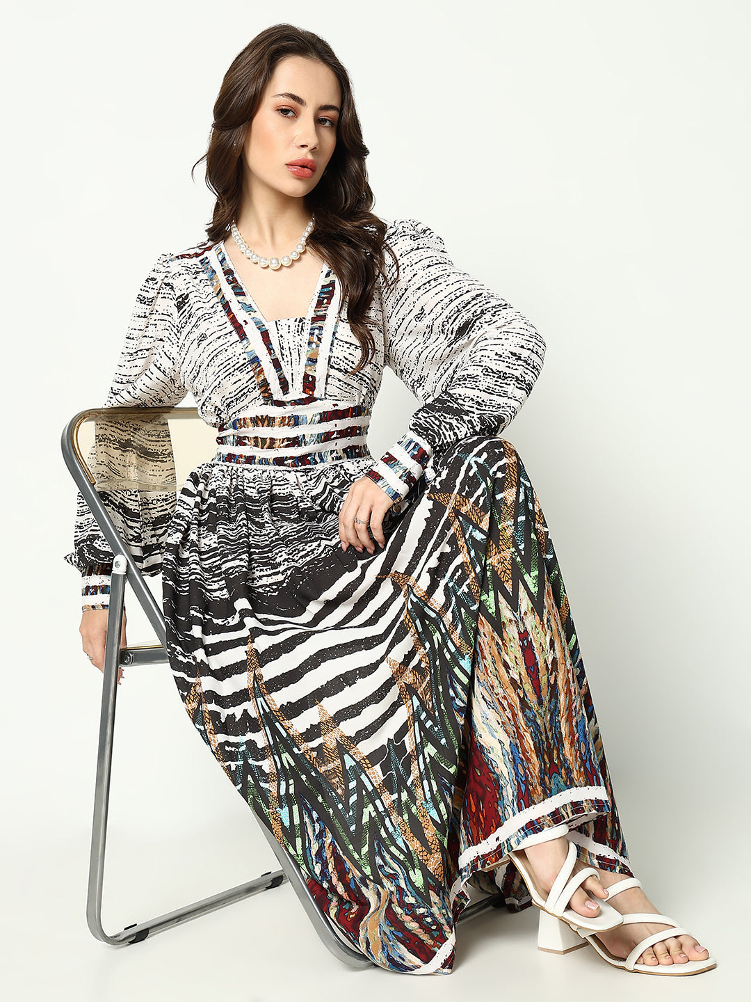 Women's Off White Abstract Printed V-Neck Georgette Fit and Flare Dress