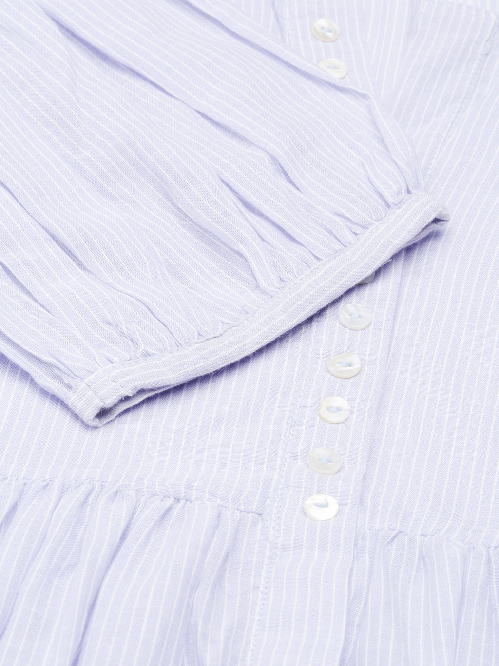 Women's Blue Striped Belt Collar Puff Sleeves Cotton Fit and Flare Dress