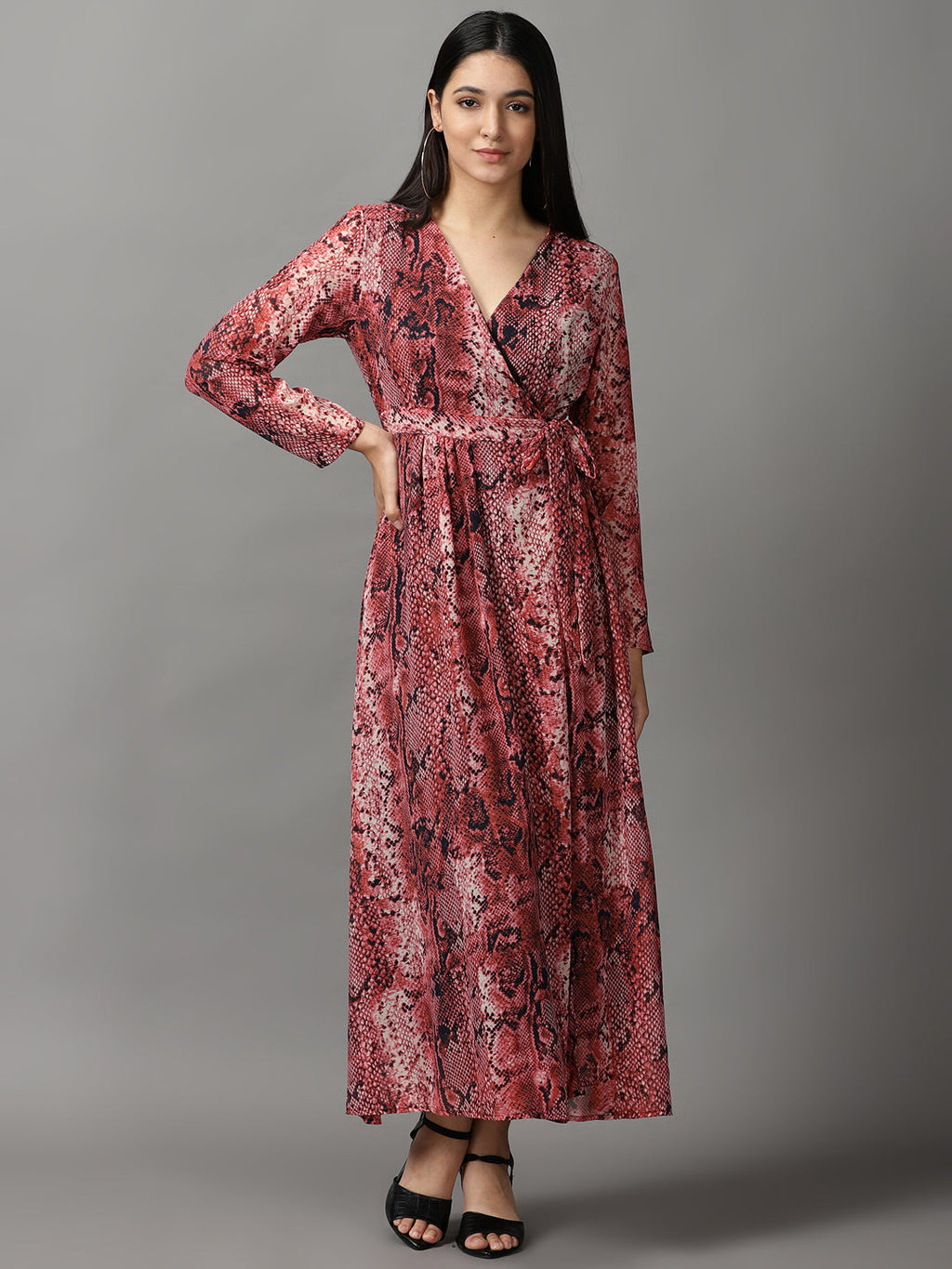 Women's Pink Printed Chiffon Wrap Dress