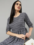Women's Navy Blue Geometric Printed Roll Up Sleeves Fit And Flare Dress
