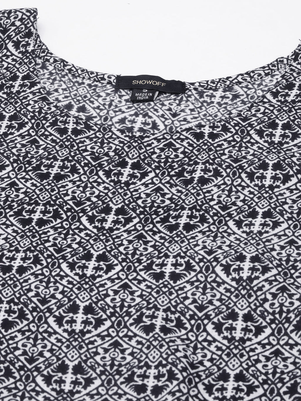 Women's Navy Blue Geometric Printed Roll Up Sleeves Fit And Flare Dress