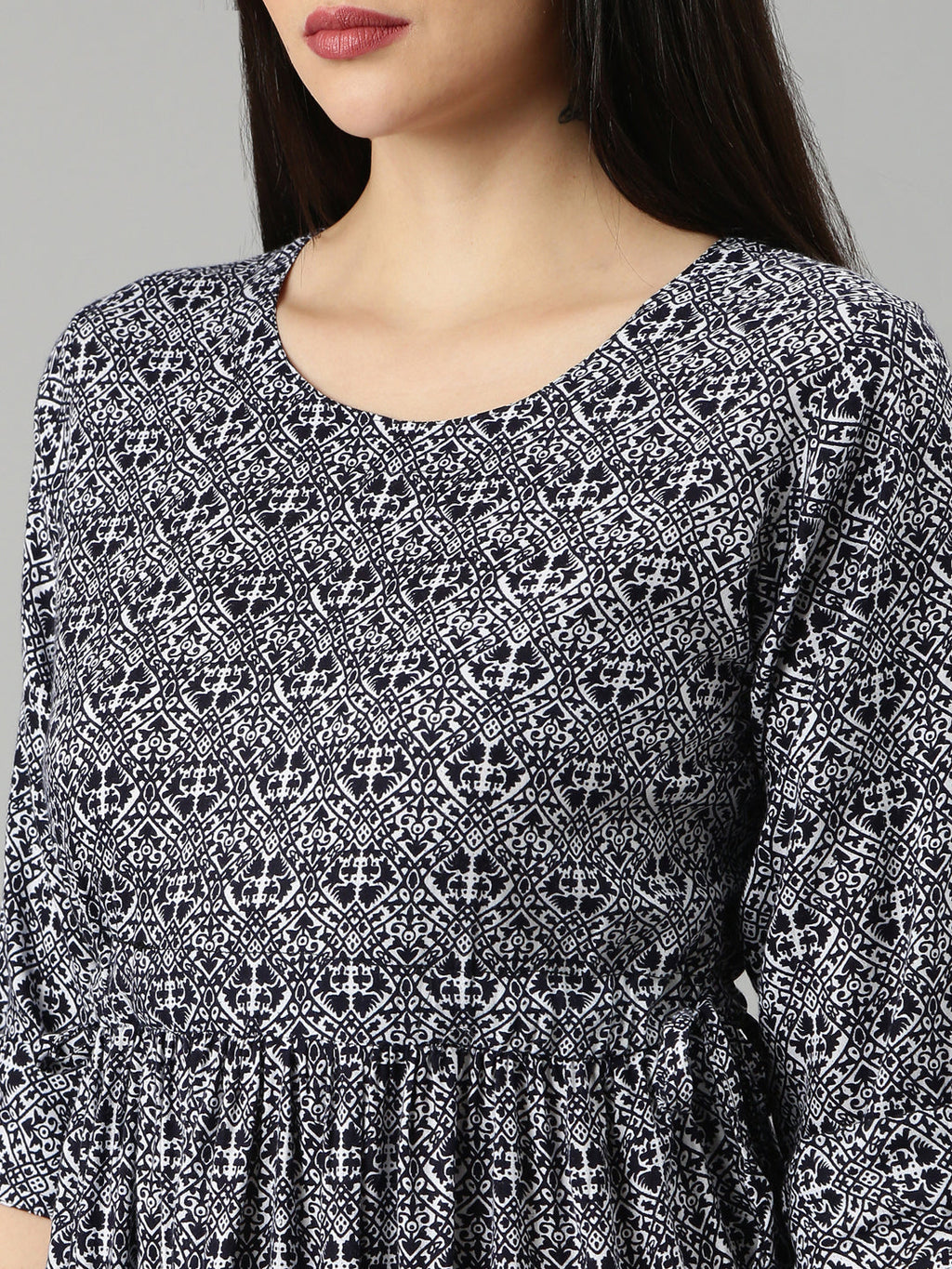 Women's Navy Blue Geometric Printed Roll Up Sleeves Fit And Flare Dress
