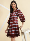 Women's Red V-Neck Tie and Dye Tiered Crepe A-Line Dress