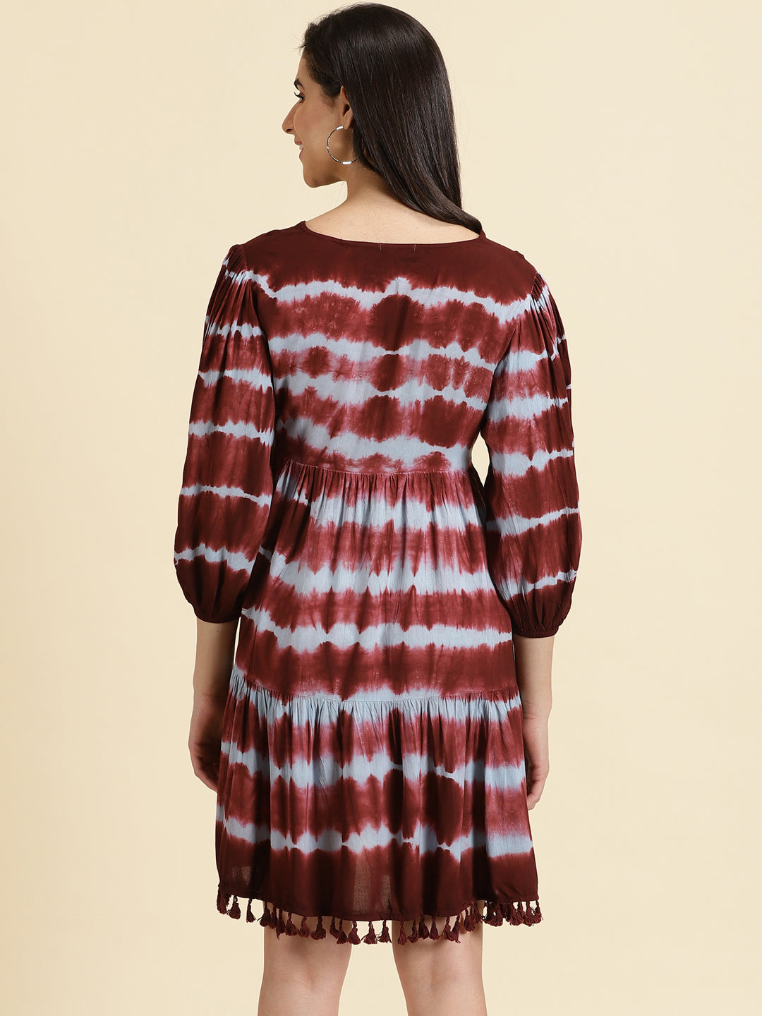 Women's Red V-Neck Tie and Dye Tiered Crepe A-Line Dress