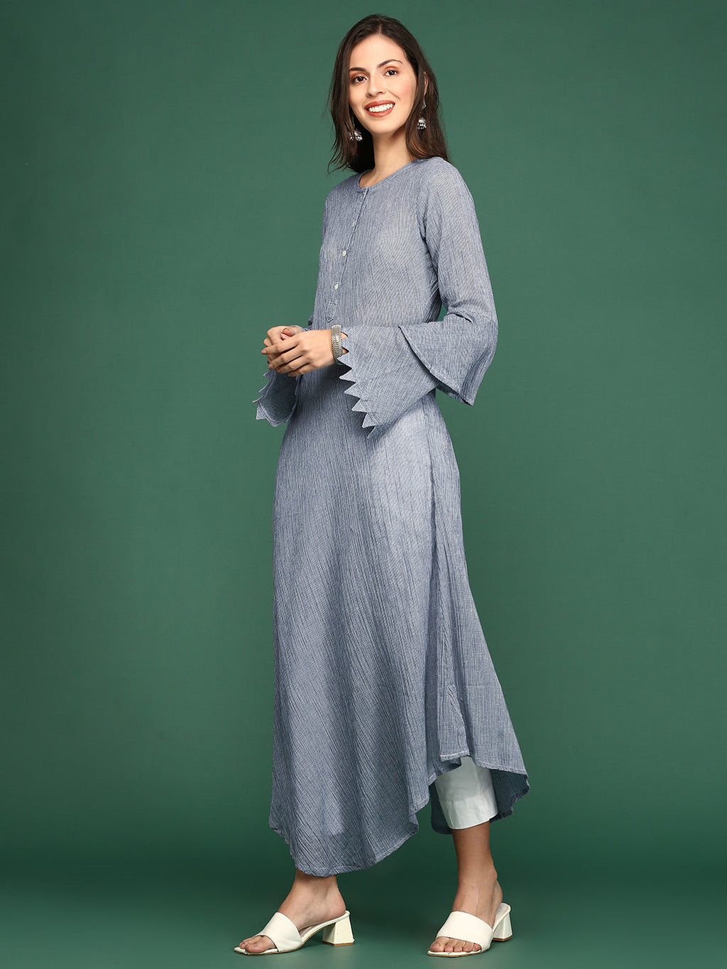 Women's Navy Blue Woven Design Round Neck A-Line Kurta