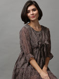 Women's Black Animal Printed Georgette Tiered A-Line Midi Dress