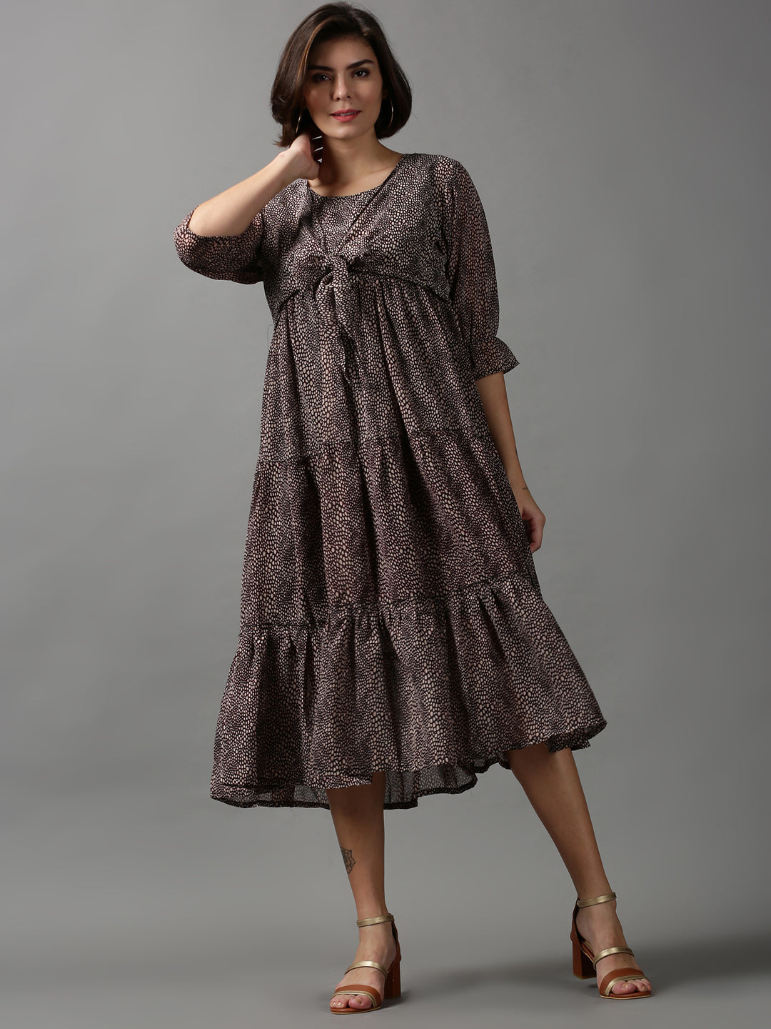 Women's Black Animal Printed Georgette Tiered A-Line Midi Dress