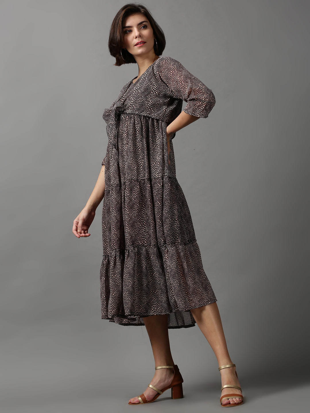 Women's Black Animal Printed Georgette Tiered A-Line Midi Dress