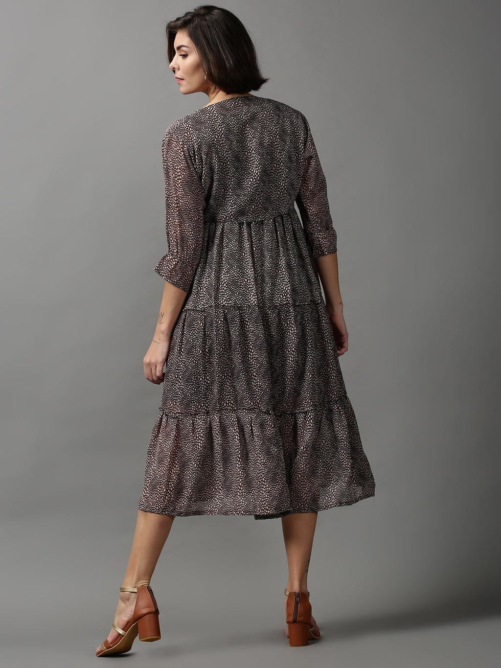 Women's Black Animal Printed Georgette Tiered A-Line Midi Dress