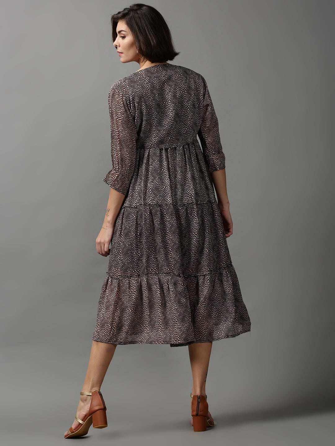 Women's Black Animal Printed Georgette Tiered A-Line Midi Dress